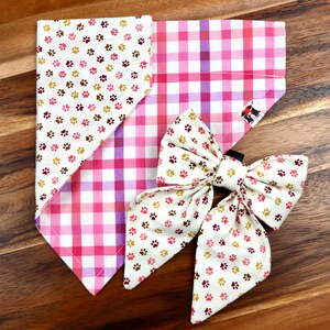 Sweet Pawprints • Spring Floral • Pink Plaid • Reversible Pet Bandana • Bow • Hair Scrunchie • Washable • All Sizes: Collar, Snap or tie