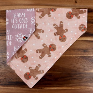 Baby It’s Cold Outside • Gingerbread • Reversible Pet Bandana • Bow tie • Hair Scrunchie • Washable • All Sizes: Collar, Snap or tie