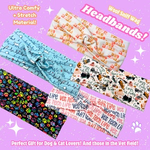 May include: Four colorful headbands with different designs. The headbands are made of stretchy material and feature paw prints, hearts, and text that says "Dog Mama" and "Vet Tech Life".
