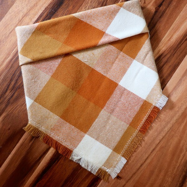 Spiced Pumpkin Brûlée Fall Plaid • Through the collar or Tie on SQUARE pet bandana fray or no fray • for teacup & XL dogs • machine washable