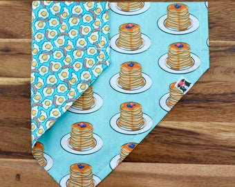 Pancakes, Eggs and Bacon Bandana • Reversible Dog or Cat Bandana, Tie on, snap on or for the collar • Handmade Machine Washable Accessory