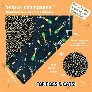 Pop of Champagne • Reversible pet Bandana • Machine Washable • Snap On, Over the Collar Bandana • Metallic Stars, Celebration, cheers, party
