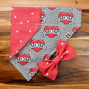I Love Mom Pet Bandana • Reversible Dog or Cat Bandana, Tie on, snap on or for the collar • Handmade Machine Washable Accessory