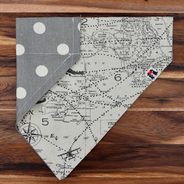 Travel Map • Reversible Pet Bandana • Machine Washable • Tie On, Snap On, Collar Styles Available with matching bows or scrunchie