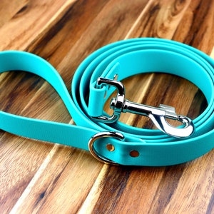 Pode incluir: Uma trela para cães de cor azul turquesa com um clipe prateado e um anel em D prateado. A trela é feita de um material durável e resistente à água.