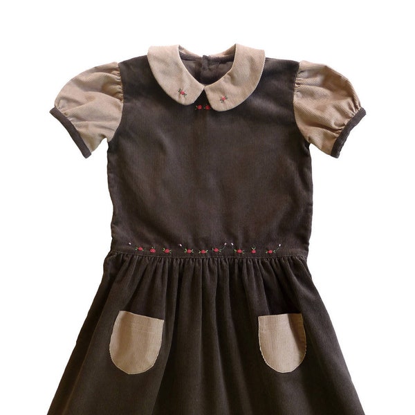 Robe Enfant Manches Courtes En Velours Marron Et Beige. Taille 8ans, 10ans, 12ans