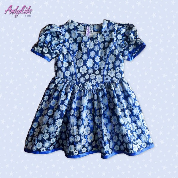 Robe de Cortège Fille Bleue Fleurie Soirée en Jacquard Brillant, Robe Fête Enfant Bleue 2ans,4ans,6ans,8ans