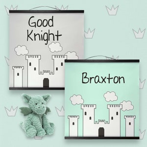 Fairytale Castle Nursery Wall Decor-Canvas Wall Hanging-Knight Nursery-Gray Nursery-Mint Nursery-Personalized Nursery Wall Hanging