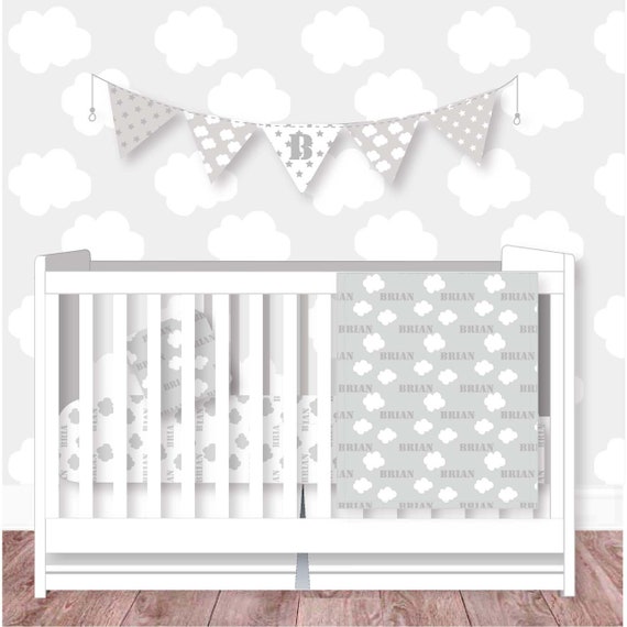 Personalized Nursery Bedding Crib Grey Neutral Cloud Star