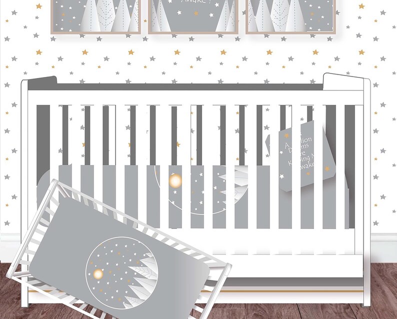 Star Nursery Fitted Crib Sheet Decor Grey Neutral Celestial Moon And