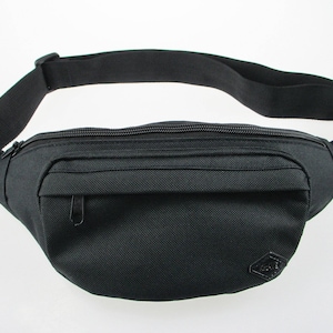 Black Fanny Pack - durable with a built-in wallet for cards and money. Perfect waist pack for travel. This is not a cross-body bag.