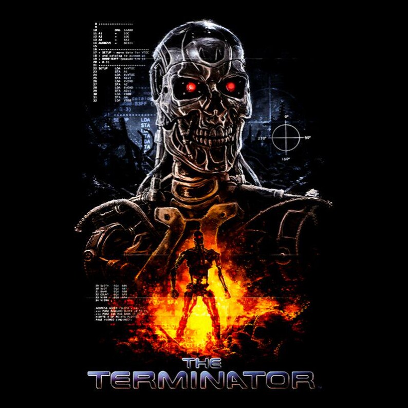 May include: A graphic print featuring a metallic robotic skull with glowing red eyes, positioned above a smaller full-body robotic figure standing amidst bright orange flames. Technical code text and a targeting reticle appear in the background, with the text THE TERMINATOR at the bottom.