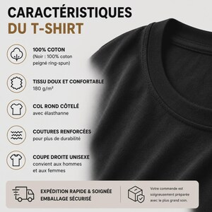 May include: A black t-shirt with a ribbed crew neck. The image displays text in French listing product features: 100% cotton, 180 g/m2 fabric weight, reinforced seams, and a unisex straight cut. Icons represent cotton, fabric, collar, seams, and fit.