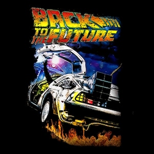 May include: A black graphic t-shirt featuring the Back to the Future logo in yellow and red text above a silver sports car with gull-wing doors open. The car is surrounded by blue light effects and orange flames at the bottom on a black background.