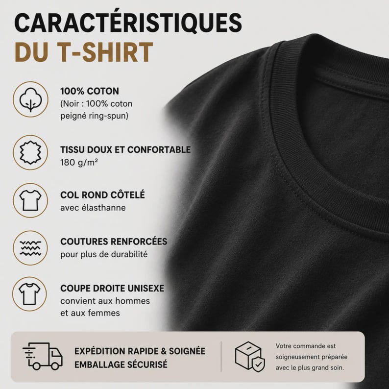 May include: A black t-shirt with a ribbed crew neck, made of 100% ring-spun cotton with a fabric weight of 180 g/m2. The shirt features reinforced seams and a straight unisex cut. Text on the image lists product specifications in French.