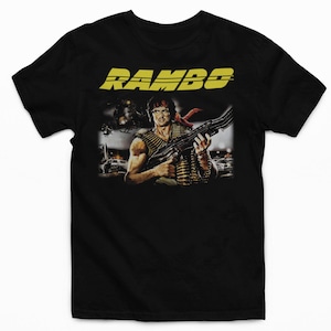 Svart Rambo actionfilm t-shirt från 80-talet - 100 % bomull 180 g/m² - för män/kvinnor/barn - Presentidé - Slitstarkt tryck