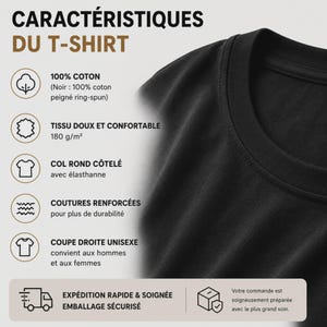 Puede incluir: Una camiseta negra con cuello redondo acanalado. La imagen muestra texto en franc&eacute;s con las caracter&iacute;sticas del producto: 100% algod&oacute;n, tejido de 180 g/m2, costuras reforzadas y corte recto unisex. Iconos representan el algod&oacute;n, la tela, el cuello y el ajuste.