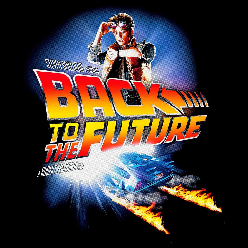 May include: A movie poster for Back to the Future featuring a person in a vest looking at a wristwatch with goggles on their head. The title is in large red and yellow letters above a silver sports car leaving two trails of fire on a black background.