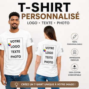 Puede incluir: Una camiseta blanca de manga corta con un recuadro rectangular en el pecho y las mangas con el texto VOTRE LOGO TEXTE PHOTO y un icono circular de colores. La imagen incluye el texto T-SHIRT PERSONNALISÉ e iconos de personalización.