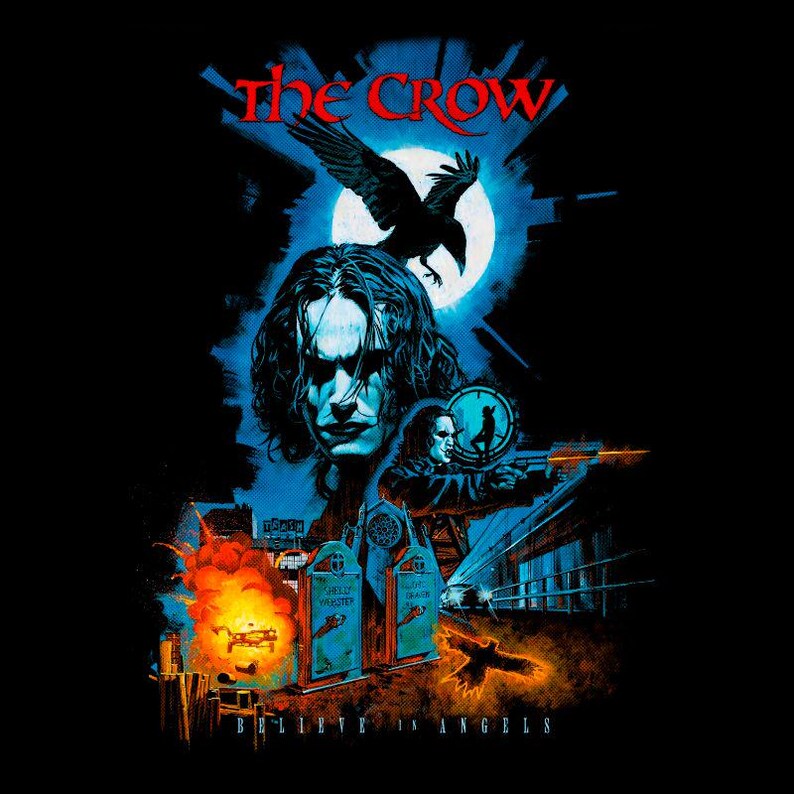 K&ouml;nnte beinhalten: Ein schwarzer Grafikdruck mit dem Text THE CROW in roten Buchstaben &uuml;ber der Silhouette eines fliegenden Vogels vor einem Vollmond. Darunter ein Portr&auml;t einer Person mit langem Haar, eine kleine Figur, zwei Grabsteine und eine orangefarbene Explosion.