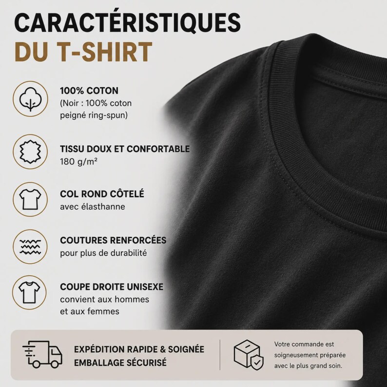 May include: A black t-shirt with a ribbed crew neck. The image displays text in French listing product features: 100% cotton, 180 g/m2 fabric weight, reinforced seams, and a unisex straight cut. Icons represent cotton, fabric, collar, seams, and fit.