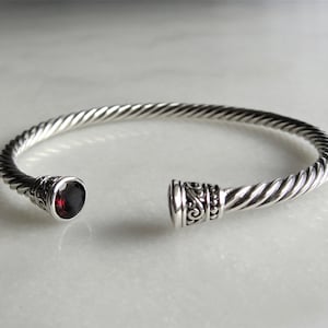 Solid sterling silver mens bracelet set with 2 beautiful garnet stones / Cuff bracelet bangle bracelet silver twisted cuff gemstone bracelet