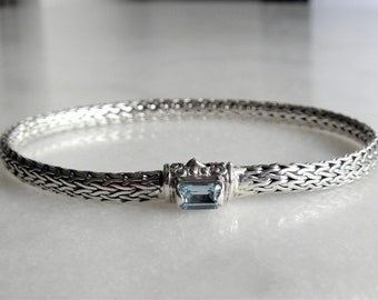 Gorgeous mens bracelet sterling silver elegant snake chain link set with beautiful blue topaz / 925 silver bracelet for men handmade jewel