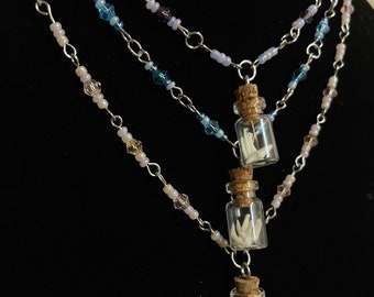 Raccoon Teeth in a Glass Jar and Czech Glass Bead Rosary Inspired Necklace for Fairycore Cottagecore Oditty Jewelry