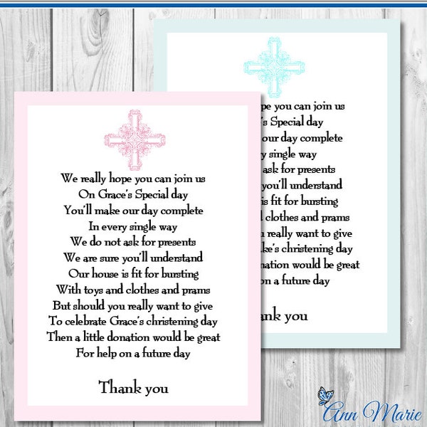 10 x personalised christening baptism money gift request poem