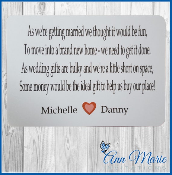 10 X Personalised Wedding Money Wish Poem Gift Poem Cards Etsy