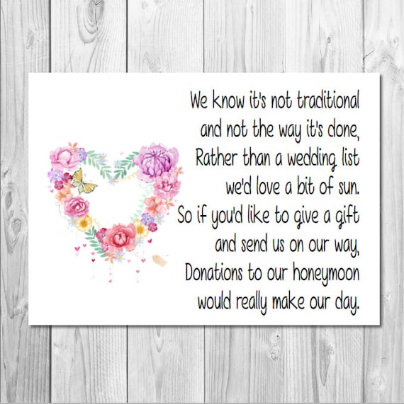 Money Gift Poem Cards Gift Wish for wedding Honeymoon Poem personalised A7 