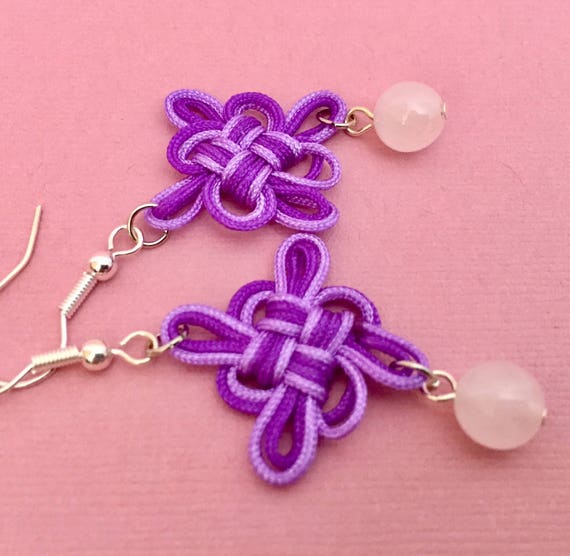 Purple Chinese Knot Earrings Auspicious Knot With Rose Quartz