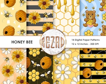Honey Bee Digital Paper Patterns Commercial Use Scrapbook Papers and Backgrounds Instant Download