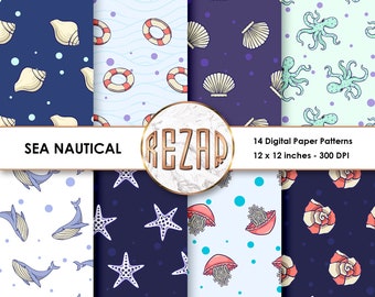 Nautical Sea Digital Papern Patterns Utilisation commerciale Scrapbook Papiers et arrière-plans Téléchargement instantané