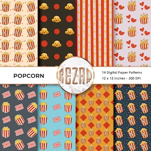 May include: A set of 14 digital paper patterns featuring popcorn, movie tickets, and other movie-themed designs. The patterns are in various colors, including red, yellow, blue, and black. The patterns are 12 inches by 12 inches and 300 DPI.