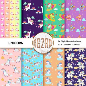 Unicorn Digital Paper Pattern Rainbow Commercial Use Scrapbook Papers and Backgrounds Instant Download