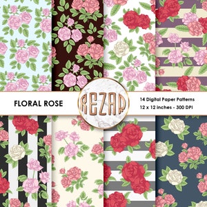 Floral Rose Digital Paper Patterns Commercial Use Scrapbook Papers and Backgrounds Instant Download