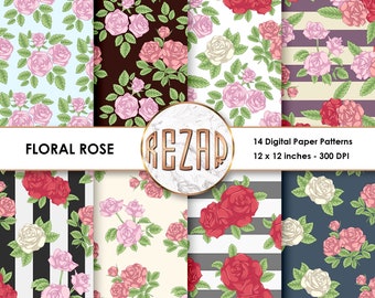 Floral Rose Digital Paper Patterns Commercial Use Scrapbook Papers and Backgrounds Instant Download