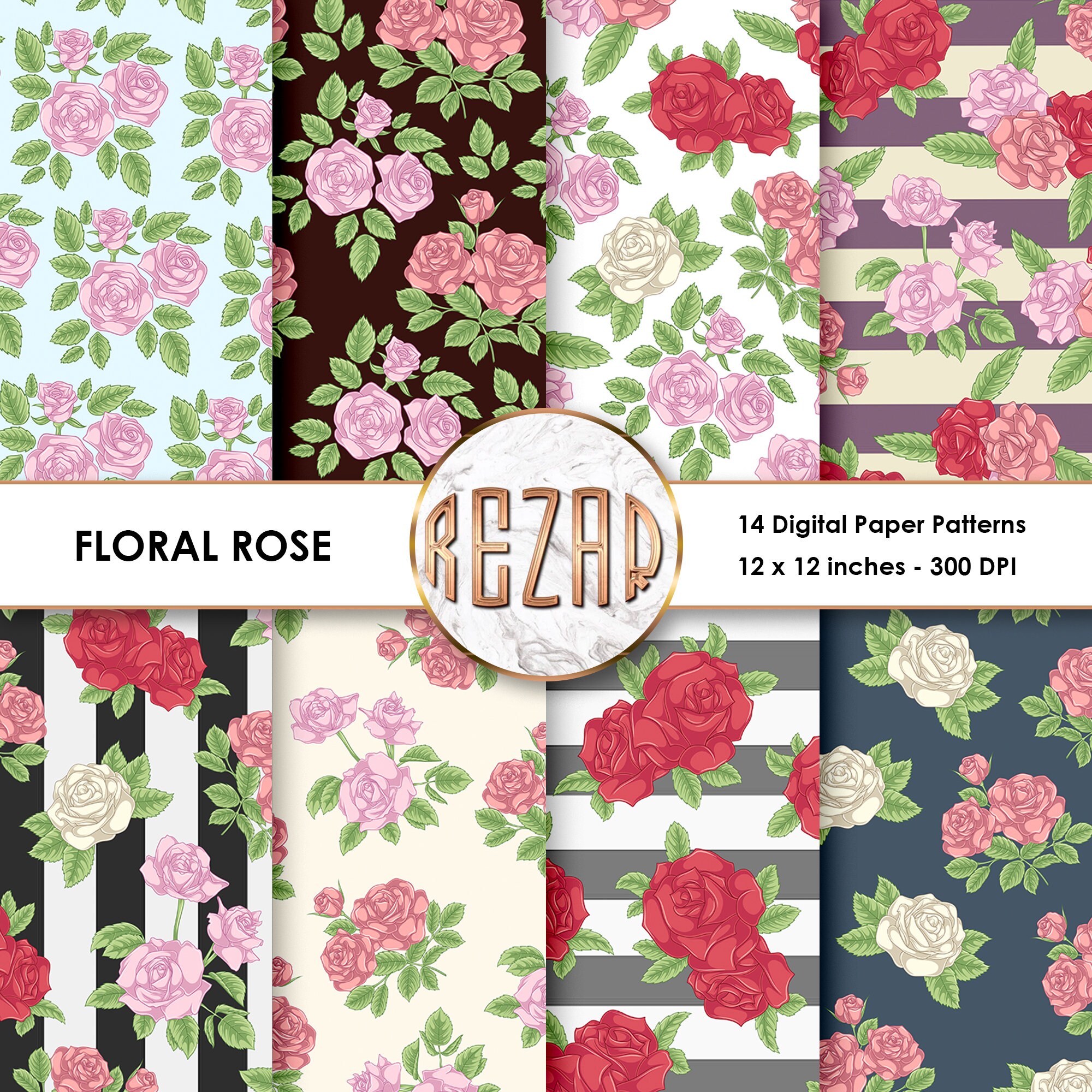 Floral Rose Digital Paper Patterns Commercial Use Scrapbook Papers and ...