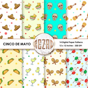 Cinco de Mayo digital papers patterns Cinco de Mayo Mexican clipart Fiesta stickers pinata cactus sombrero pepper tequila