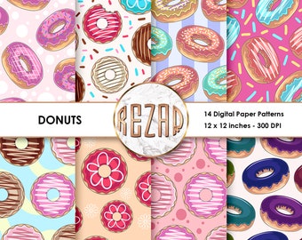 Donut Digital Papern Patterns Commercial Use Doughnut Scrapbook Papers and Backgrounds Instant Download