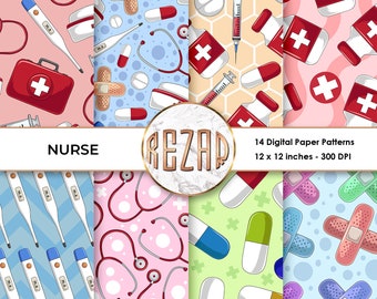 Nurse Medical Digital Paper Patterns Commercial Use Scrapbook Papers and Backgrounds Instant Download Active