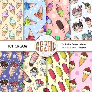 Könnte beinhalten: 14 digitale Papiermuster mit verschiedenen Eisdesigns, darunter Eiswaffeln, Eis am Stiel und Eisbecher. Die Muster sind in verschiedenen Farben gehalten, darunter Rosa, Blau, Gelb und Lila. Jedes Muster ist 12 x 12 Zoll groß und hat 300 DPI.
