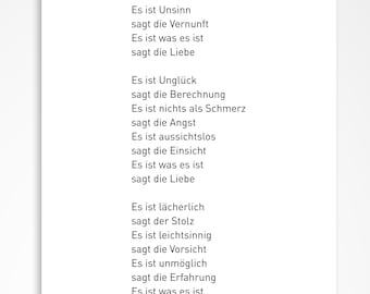 Ansichtkaart, "Het is wat het is", zegt de liefde, liefdesgedicht, Erich Fried, A6