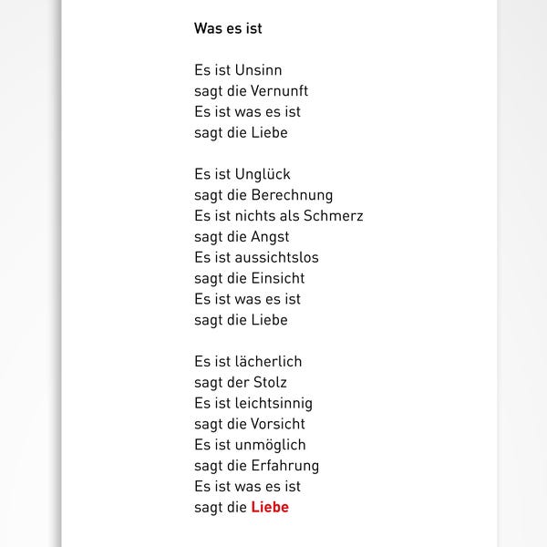 Postcard, It is what it is says love, love poem, Erich Fried, DinA 6