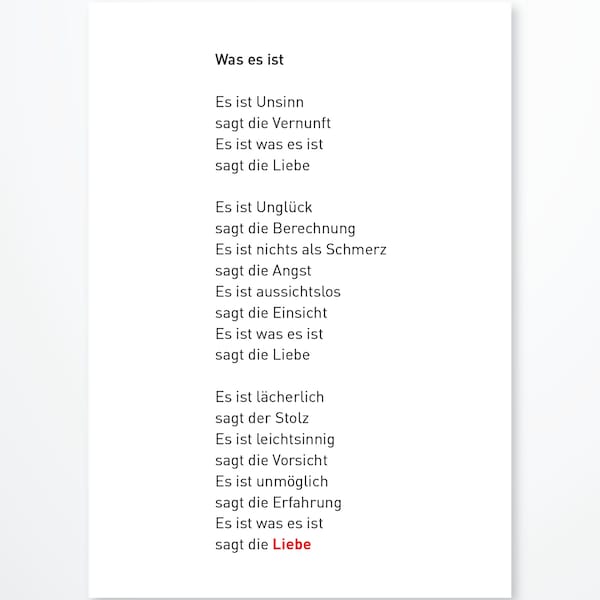 Postkarte, Liebesgedicht, Es ist was es ist sagt die Liebe, Erich Fried, DinA 6, 1 Stück in einer Sendung