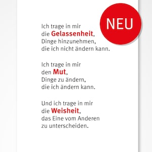 Puede incluir: Una impresión rectangular blanca con texto en alemán en fuente negra. El texto está dividido en tres secciones, cada una con una palabra diferente en rojo. Un círculo rojo con la palabra "NEU" está en la esquina superior derecha.