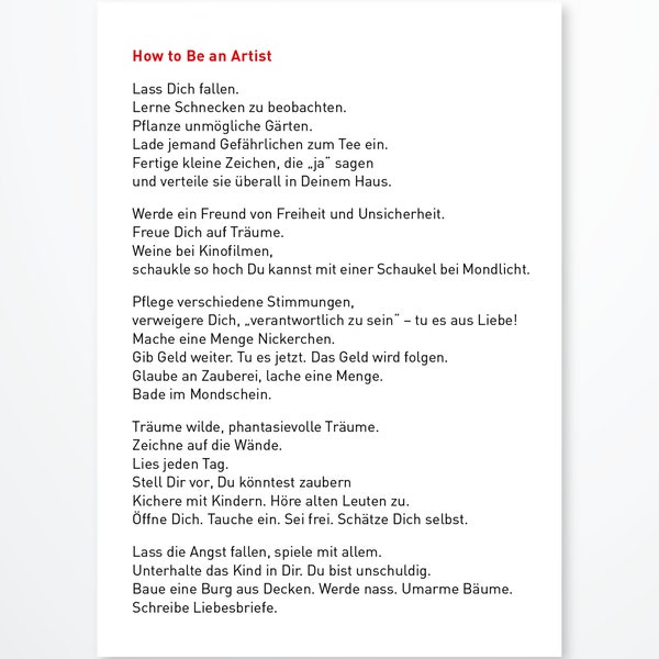 Postkarte, Liebeserklärung an das Leben, How to be an Artist, SARK, Susan Ariel Rainbow Kennedy, DinA 6, 1 Stück in einer Sendung