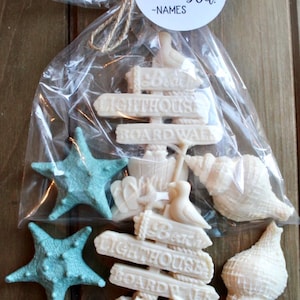 May include: A clear plastic bag containing two white soap signs labeled Beach, Lighthouse, and Boardwalk, two teal starfish soaps, and two white seashell soaps. A round tag attached with twine reads Thank You! ~NAMES with a seashell illustration.