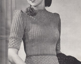 pdf 1940s LADIES&#39; SWEATER PATTERN, wartime ladies&#39; short-sleeve jumper, 3 ply, 36 inch, lady&#39;s vintage knitted jumper pattern, Patons no 960